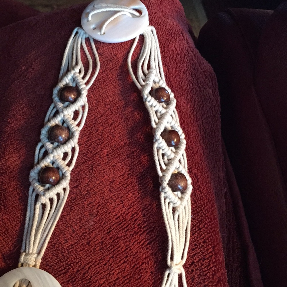 Vintage Macrame tie belt with shells & wooden beads